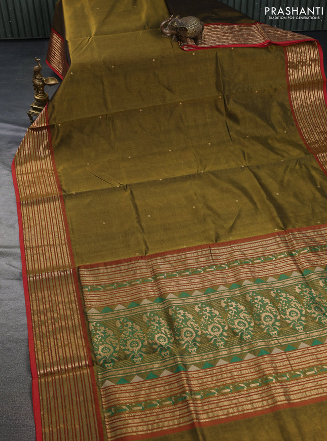Kanchipuram silk cotton saree mehendi green and maroon with zari woven buttas and zari woven border