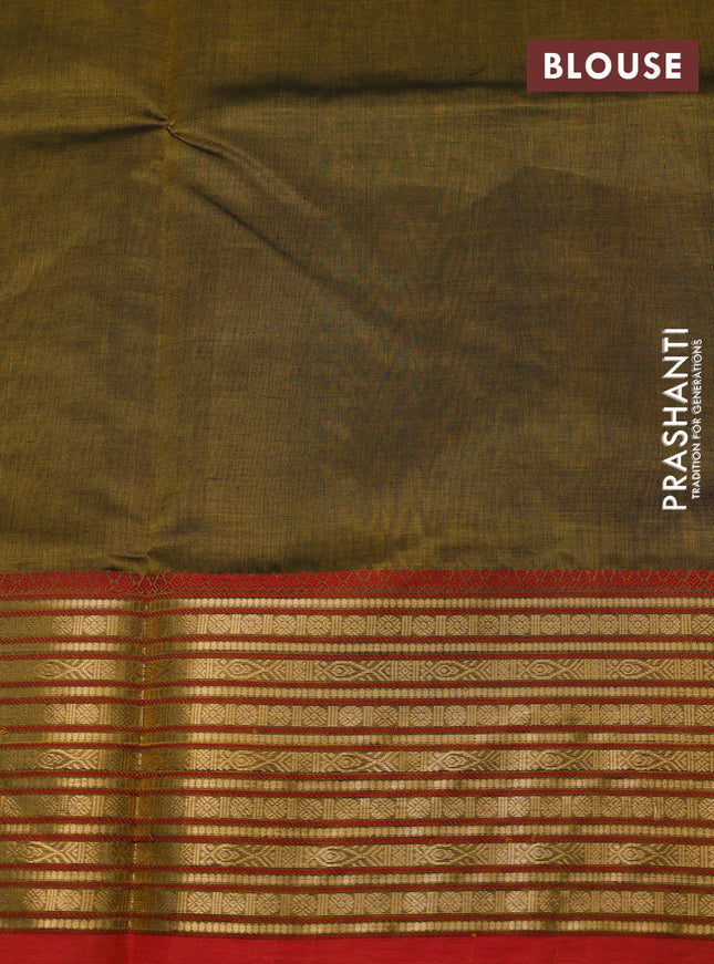 Kanchipuram silk cotton saree mehendi green and maroon with zari woven buttas and zari woven border