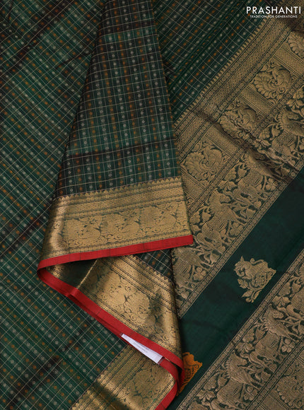 Kanchipuram silk cotton saree dark green and maroon with allover thread checks & buttas and zari woven border