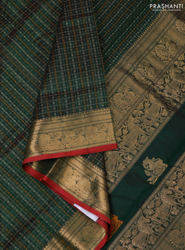 Kanchipuram silk cotton saree dark green and maroon with allover thread checks & buttas and zari woven border