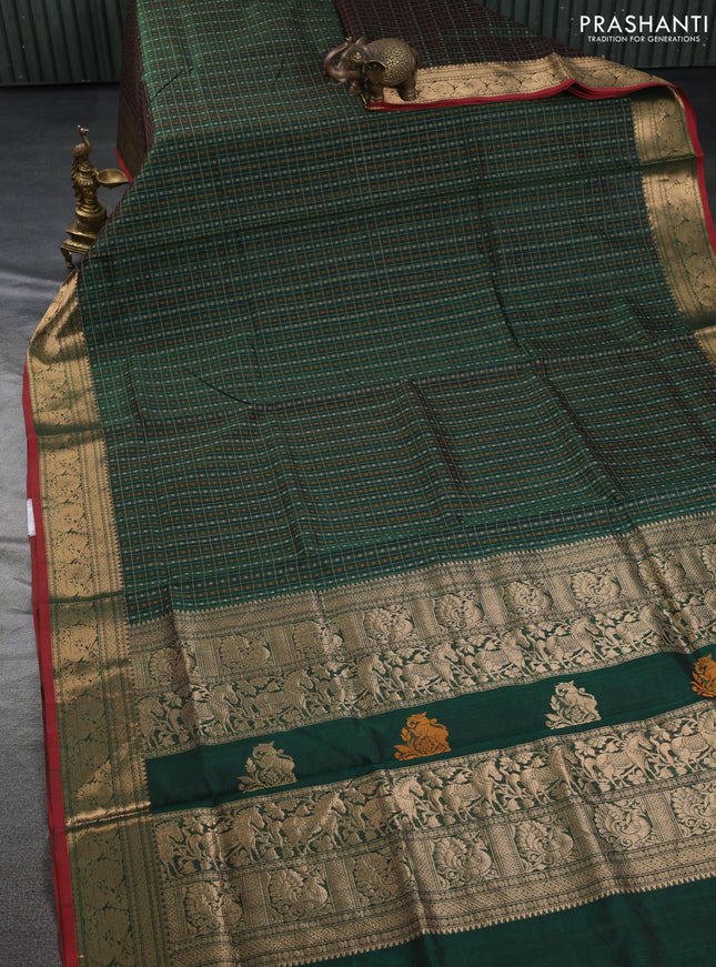 Kanchipuram silk cotton saree dark green and maroon with allover thread checks & buttas and zari woven border