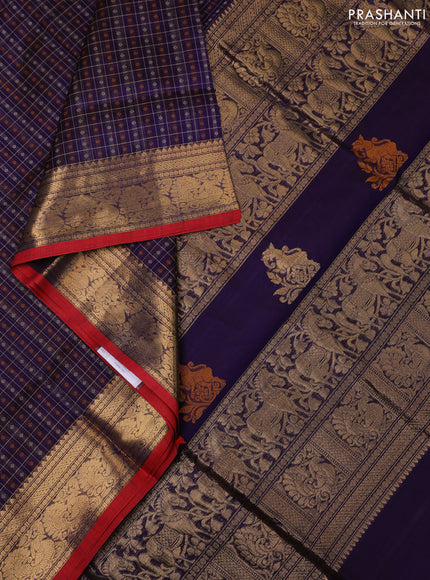Kanchipuram silk cotton saree blue and maroon with allover thread checks & buttas and zari woven border