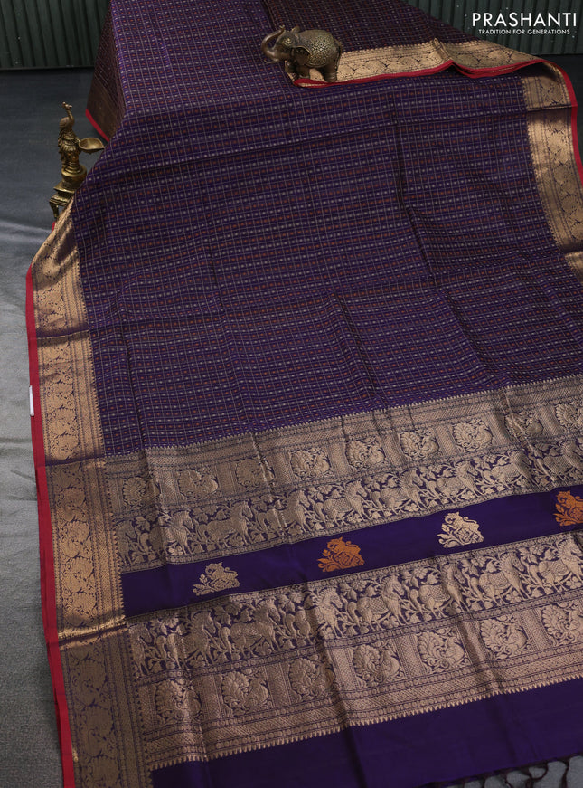 Kanchipuram silk cotton saree blue and maroon with allover thread checks & buttas and zari woven border