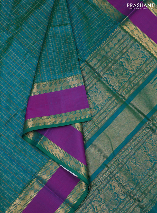 Kanchipuram silk cotton saree teal green and purple with allover thread checks & buttas and zari woven border