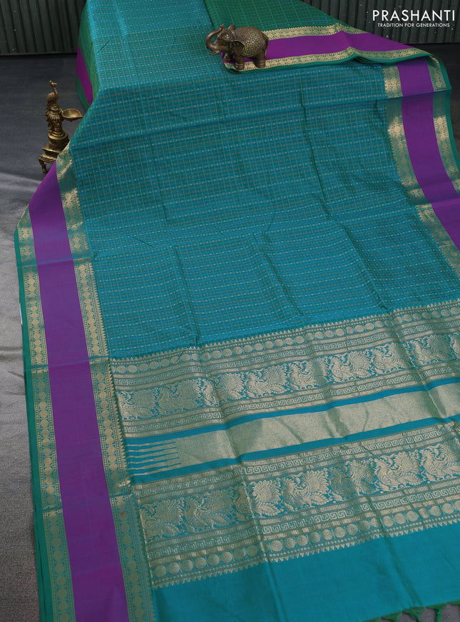 Kanchipuram silk cotton saree teal green and purple with allover thread checks & buttas and zari woven border