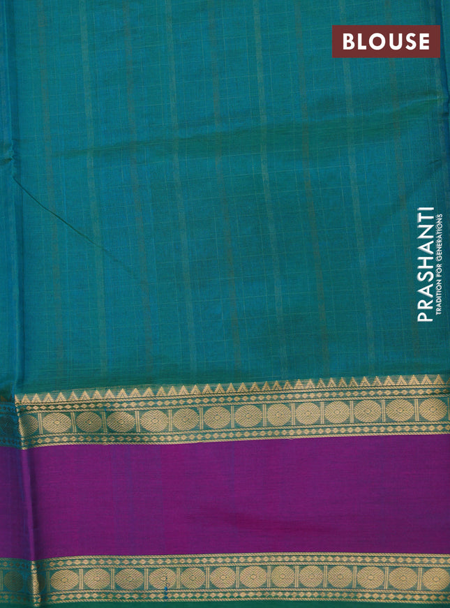 Kanchipuram silk cotton saree teal green and purple with allover thread checks & buttas and zari woven border