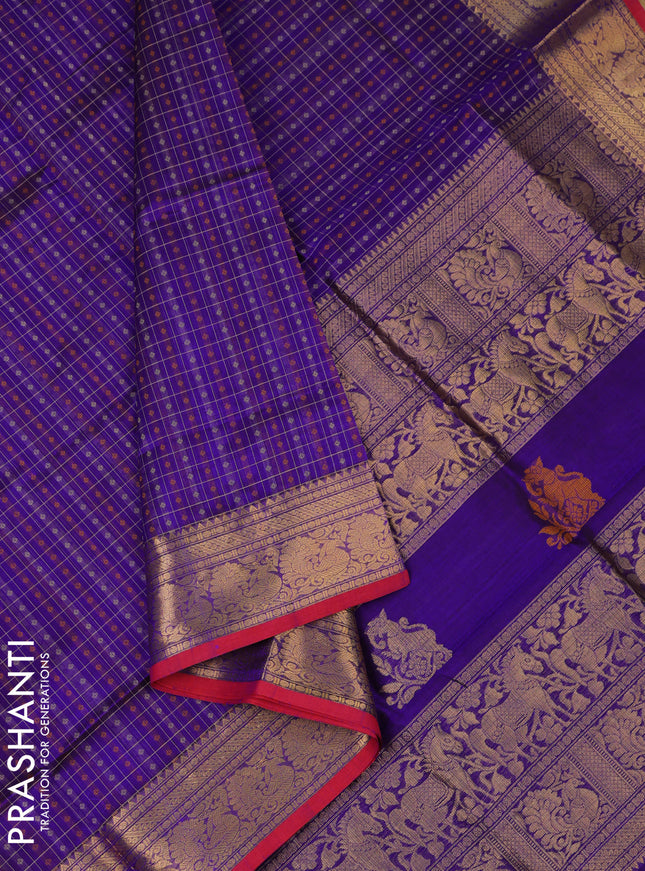 Kanchipuram silk cotton saree blue and maroon with allover thread checks & buttas and zari woven border