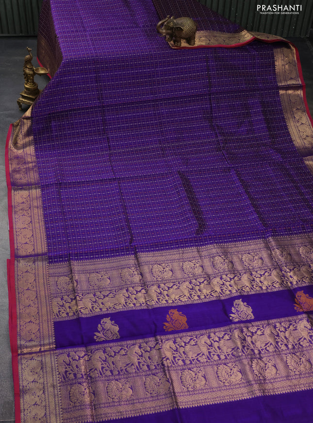 Kanchipuram silk cotton saree blue and maroon with allover thread checks & buttas and zari woven border