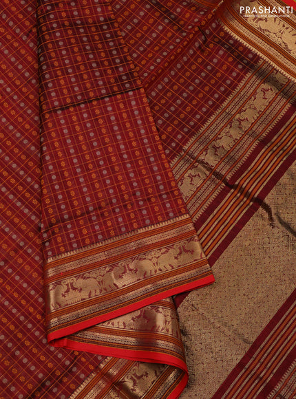 Kanchipuram silk cotton saree maroon and red with allover thread checks & buttas and zari woven border
