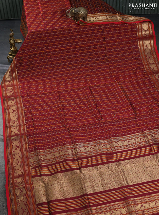 Kanchipuram silk cotton saree maroon and red with allover thread checks & buttas and zari woven border