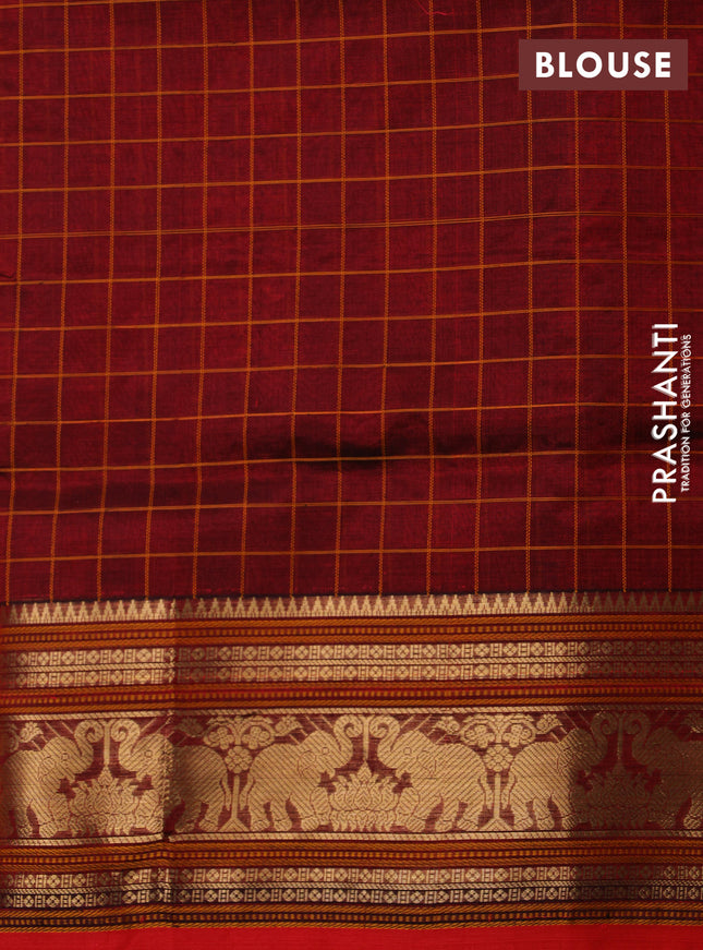 Kanchipuram silk cotton saree maroon and red with allover thread checks & buttas and zari woven border