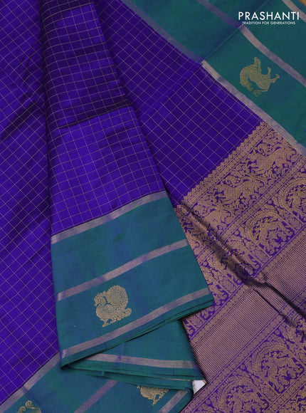 Kanchipuram silk cotton saree blue and green with allover thread checked pattern and rettapet zari woven butta border