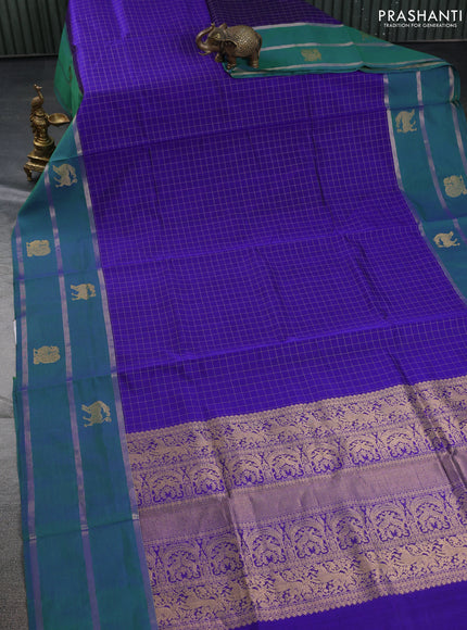 Kanchipuram silk cotton saree blue and green with allover thread checked pattern and rettapet zari woven butta border