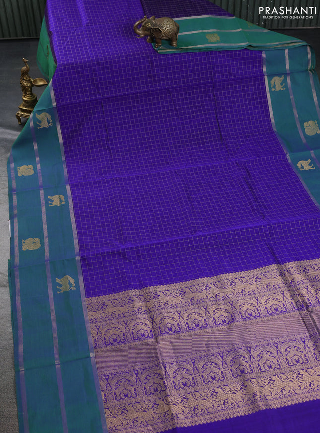 Kanchipuram silk cotton saree blue and green with allover thread checked pattern and rettapet zari woven butta border