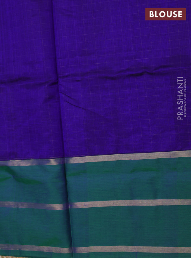 Kanchipuram silk cotton saree blue and green with allover thread checked pattern and rettapet zari woven butta border
