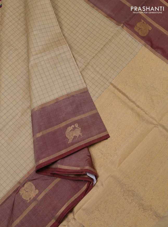 Kanchipuram silk cotton saree sandal and maroon with allover thread checked pattern and rettapet zari woven butta border