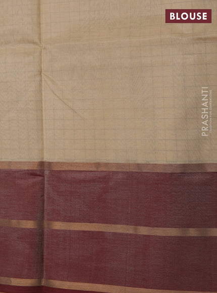 Kanchipuram silk cotton saree sandal and maroon with allover thread checked pattern and rettapet zari woven butta border
