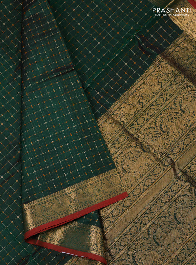 Kanchipuram silk cotton saree green and maroon with allover thread weaves and annam zari woven border