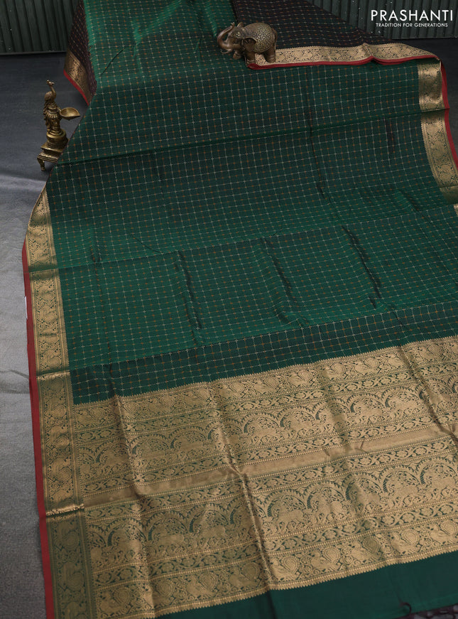 Kanchipuram silk cotton saree green and maroon with allover thread weaves and annam zari woven border