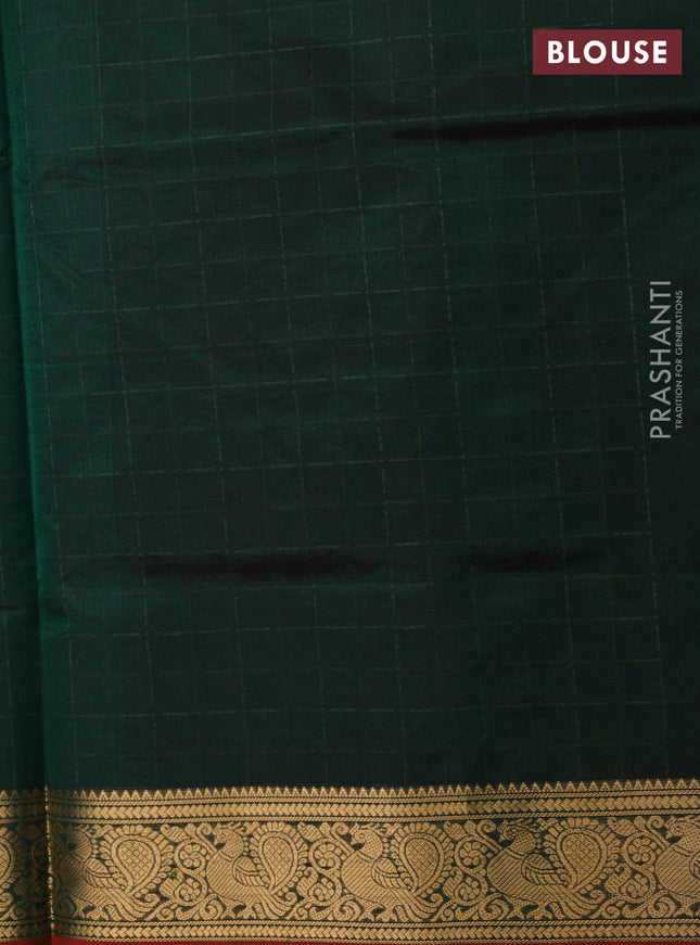 Kanchipuram silk cotton saree green and maroon with allover thread weaves and annam zari woven border