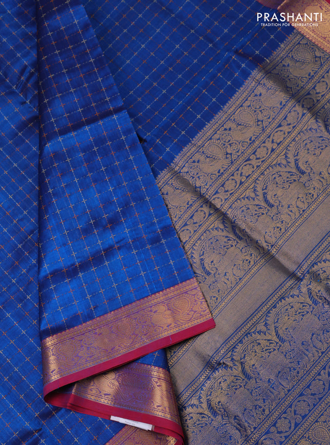 Kanchipuram silk cotton saree cs blue and pink with allover thread weaves and annam zari woven border