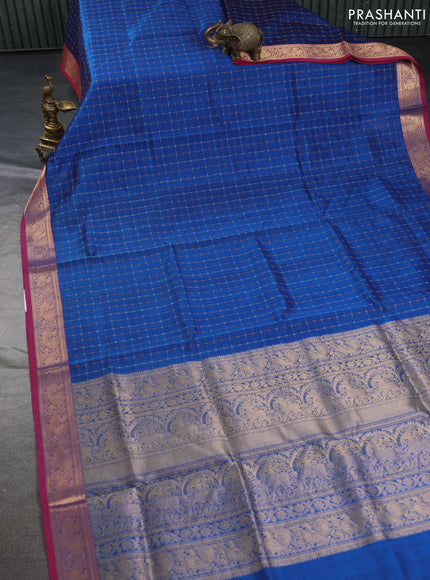 Kanchipuram silk cotton saree cs blue and pink with allover thread weaves and annam zari woven border