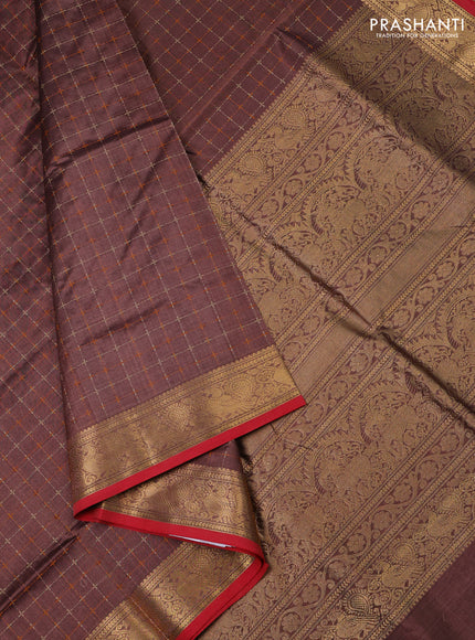 Kanchipuram silk cotton saree pastel brown and maroon with allover thread weaves and annam zari woven border