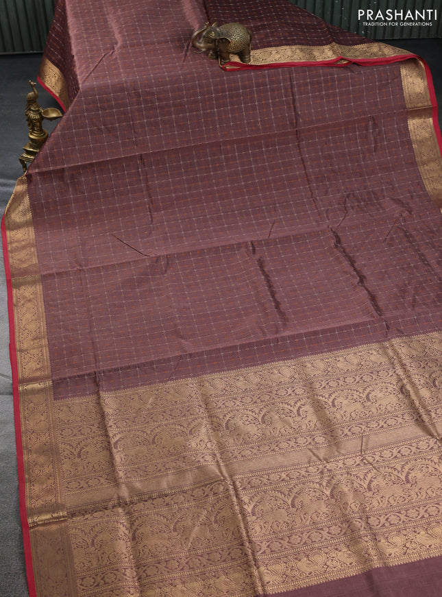 Kanchipuram silk cotton saree pastel brown and maroon with allover thread weaves and annam zari woven border