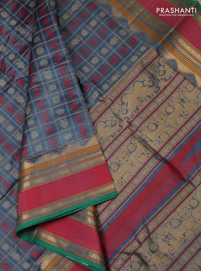 Kanchipuram silk cotton saree grey and green with allover thread checks & 1000 buttas and rettapet zari woven border