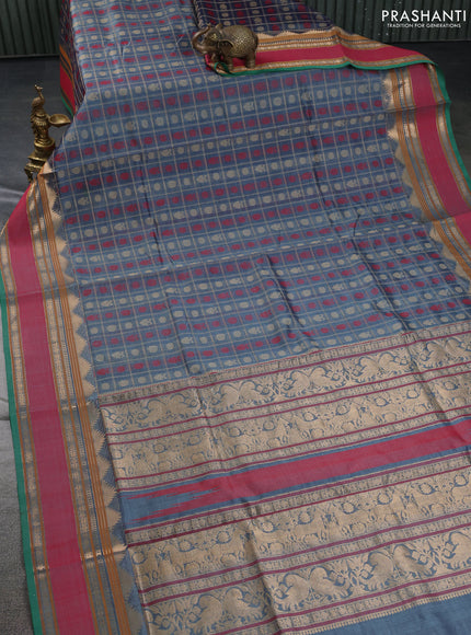 Kanchipuram silk cotton saree grey and green with allover thread checks & 1000 buttas and rettapet zari woven border