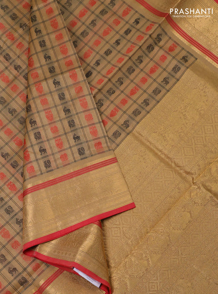 Kanchipuram silk cotton saree sandal and red with allover thread checks & 1000 buttas and zari woven border