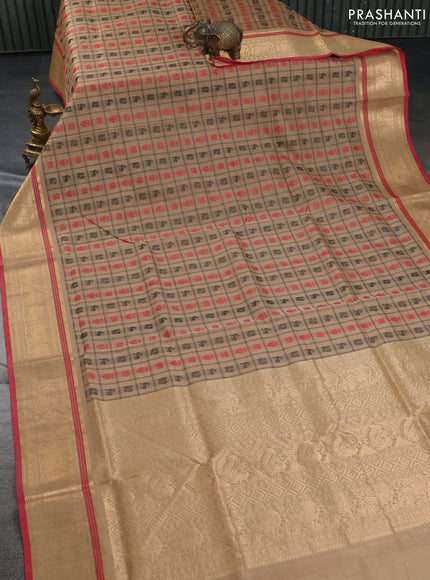 Kanchipuram silk cotton saree sandal and red with allover thread checks & 1000 buttas and zari woven border