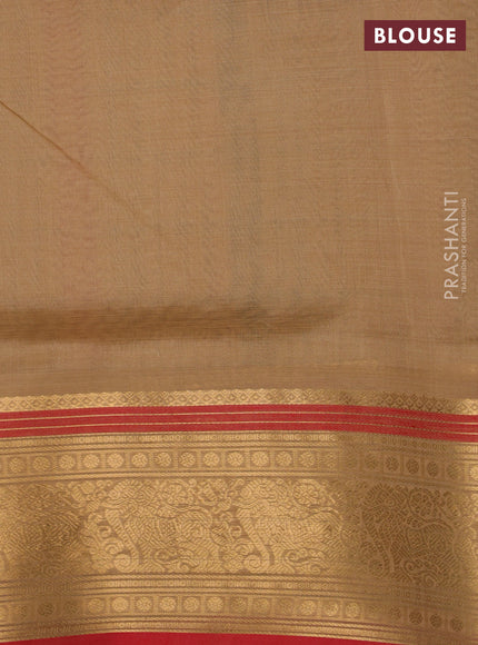 Kanchipuram silk cotton saree sandal and red with allover thread checks & 1000 buttas and zari woven border