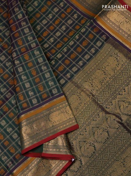 Kanchipuram silk cotton saree dual shade of green and maroon with allover thread checks & 1000 buttas and zari woven border