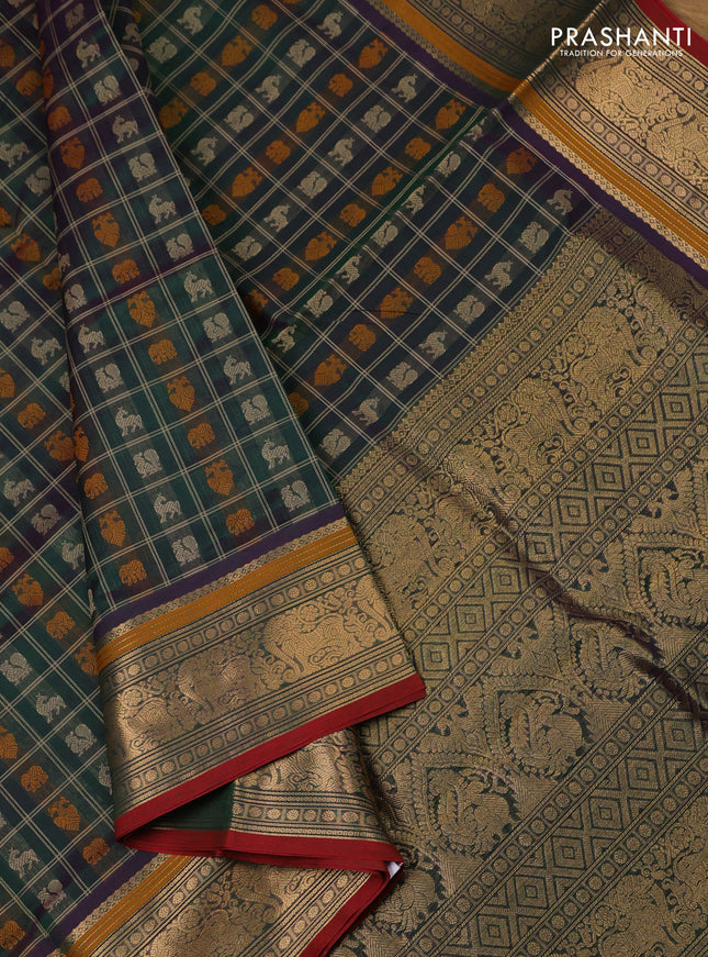Kanchipuram silk cotton saree dual shade of green and maroon with allover thread checks & 1000 buttas and zari woven border