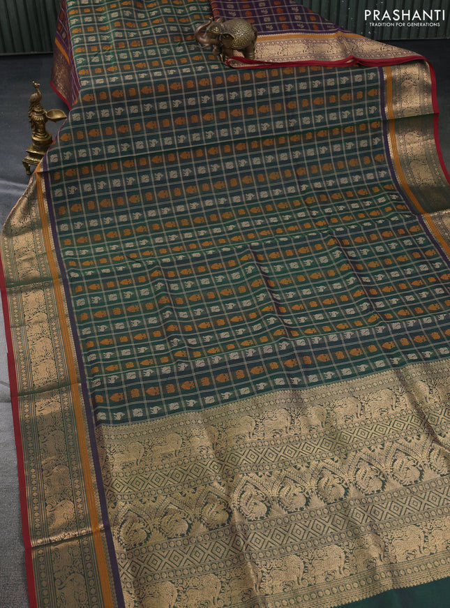 Kanchipuram silk cotton saree dual shade of green and maroon with allover thread checks & 1000 buttas and zari woven border