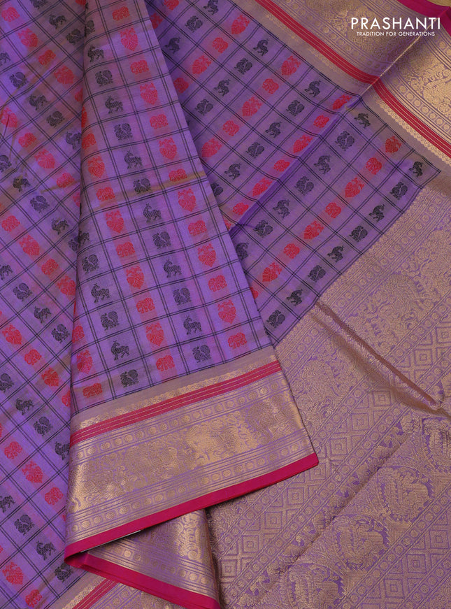 Kanchipuram silk cotton saree pastel lavender and pink with allover thread checks & 1000 buttas and zari woven border