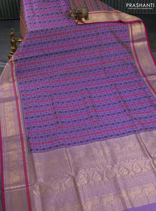 Kanchipuram silk cotton saree pastel lavender and pink with allover thread checks & 1000 buttas and zari woven border