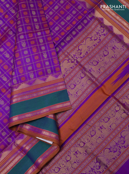Kanchipuram silk cotton saree violet and green with allover thread checks & 1000 buttas and rettapet zari woven border