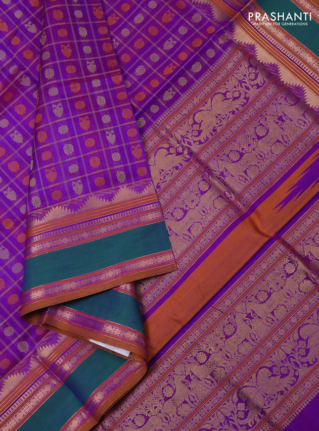 Kanchipuram silk cotton saree violet and green with allover thread checks & 1000 buttas and rettapet zari woven border