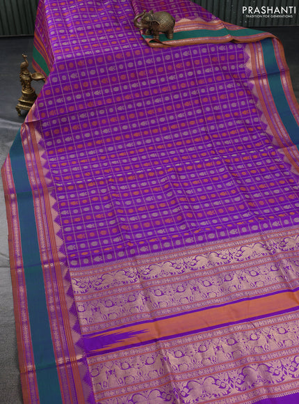 Kanchipuram silk cotton saree violet and green with allover thread checks & 1000 buttas and rettapet zari woven border