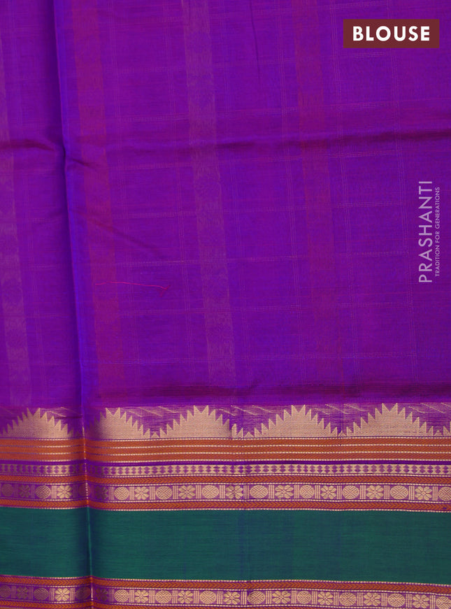 Kanchipuram silk cotton saree violet and green with allover thread checks & 1000 buttas and rettapet zari woven border