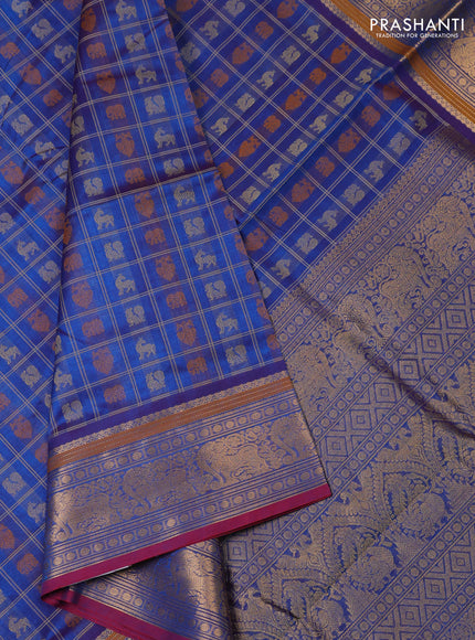 Kanchipuram silk cotton saree cs blue and maroon with allover thread checks & 1000 buttas and zari woven border