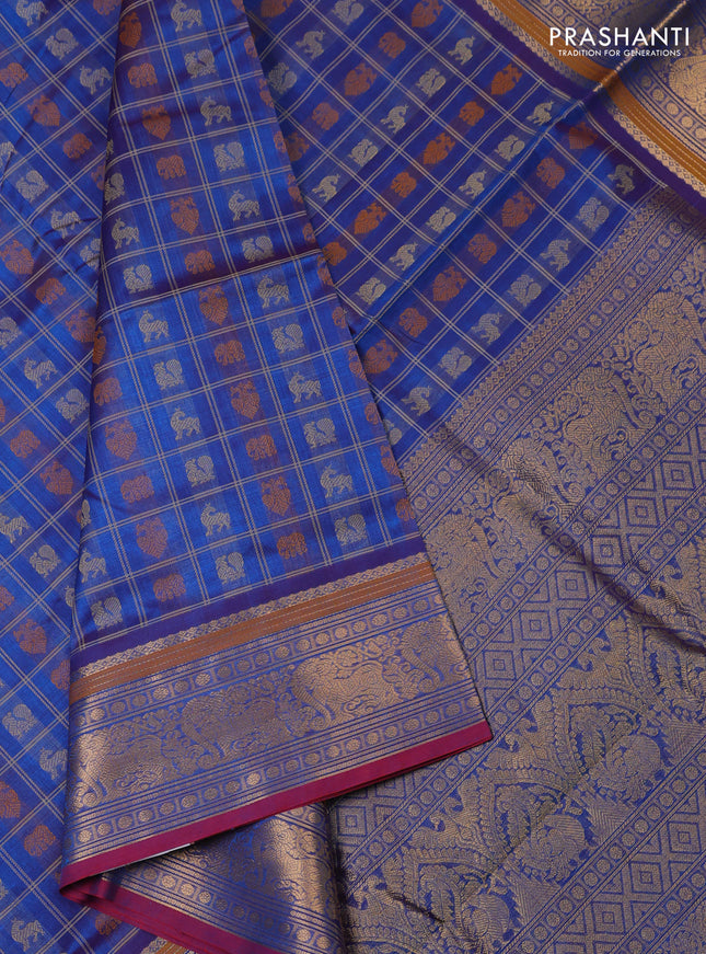 Kanchipuram silk cotton saree cs blue and maroon with allover thread checks & 1000 buttas and zari woven border