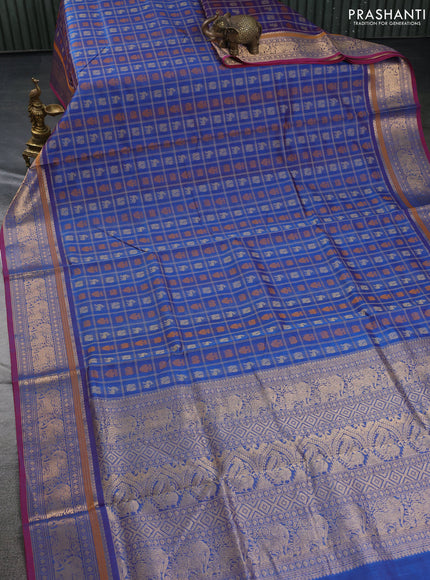 Kanchipuram silk cotton saree cs blue and maroon with allover thread checks & 1000 buttas and zari woven border