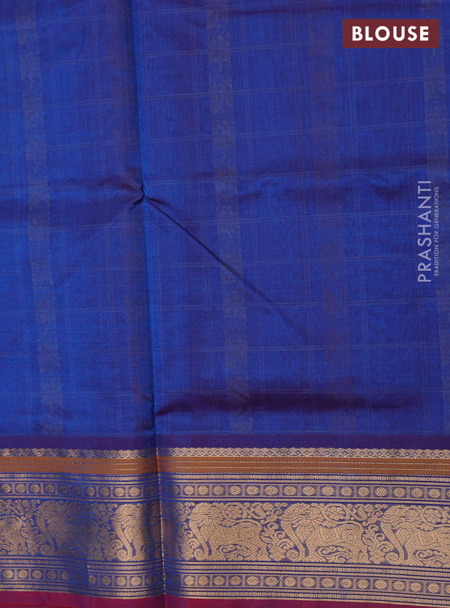 Kanchipuram silk cotton saree cs blue and maroon with allover thread checks & 1000 buttas and zari woven border