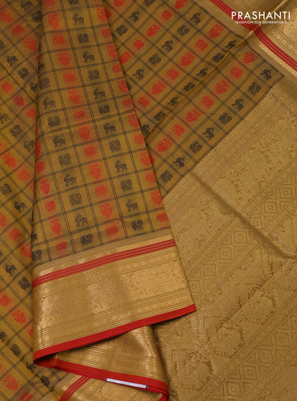 Kanchipuram silk cotton saree sandal and red with allover thread checks & 1000 buttas and zari woven border