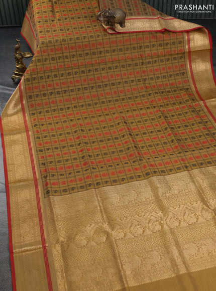 Kanchipuram silk cotton saree sandal and red with allover thread checks & 1000 buttas and zari woven border