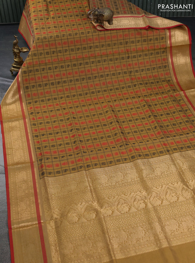 Kanchipuram silk cotton saree sandal and red with allover thread checks & 1000 buttas and zari woven border