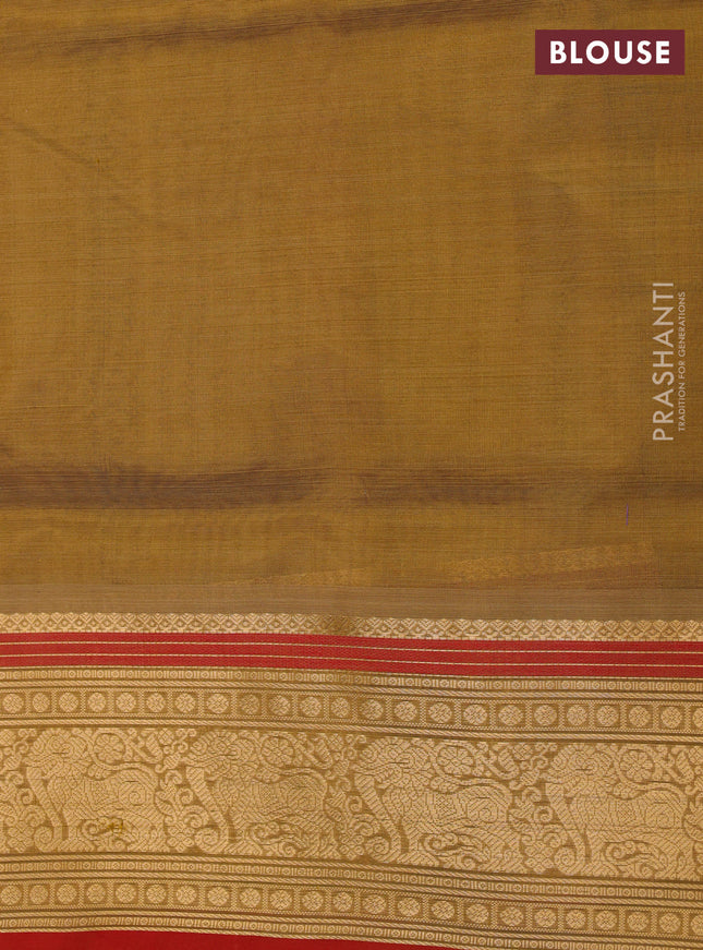 Kanchipuram silk cotton saree sandal and red with allover thread checks & 1000 buttas and zari woven border